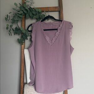 Sleeveless Lace Eyelash -Trim V-Neck Top - Mauve